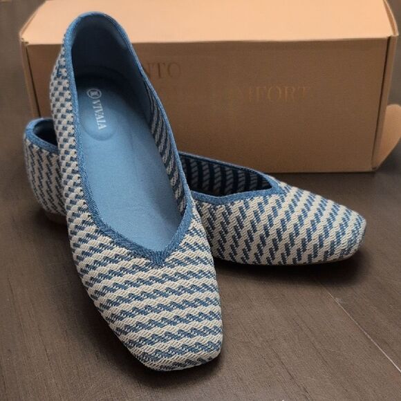 Vivaiva Margo 2.0 Square Toe V-Cut Flats Denim Stripe Size EU42 NWT - Picture 9 of 11